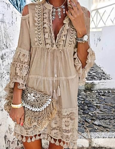 Embroidered Patchwork Fringe Dress Bohemian Crushed Flower V-Neck Plus Size Lace Dress Top2