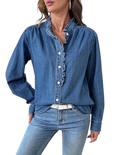 Sidefeel Denim Tops for Women Button Up Casual Long Sleeve Fall Chambray Denim Shirt Teacher Outfits Dark Blue X-Large