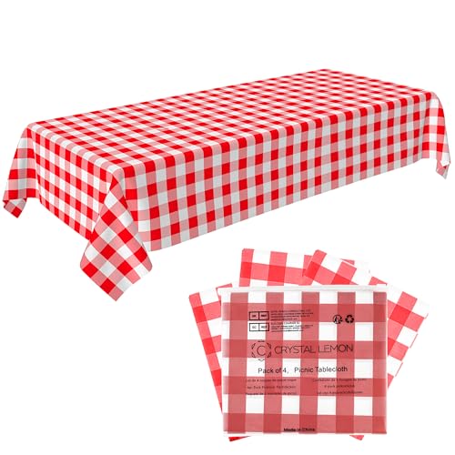 C CRYSTAL LEMON Picnic Tablecloth Pack of 4 - Red and White Checkered for Picnic Table - Vinyl Gingham Perfect for Outdoors and Camping - Waterproof Tablecloth