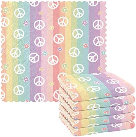 ACICS Peace Symbol Peace Sign Rainbow Flowers Kitchen Towels Dishcloths Set 11 X 11 inch Set of 6 Bulk Cotton Kitchen Towels Set Dish Towels for Washing Drying Dishes Dish Rags Super Soft
