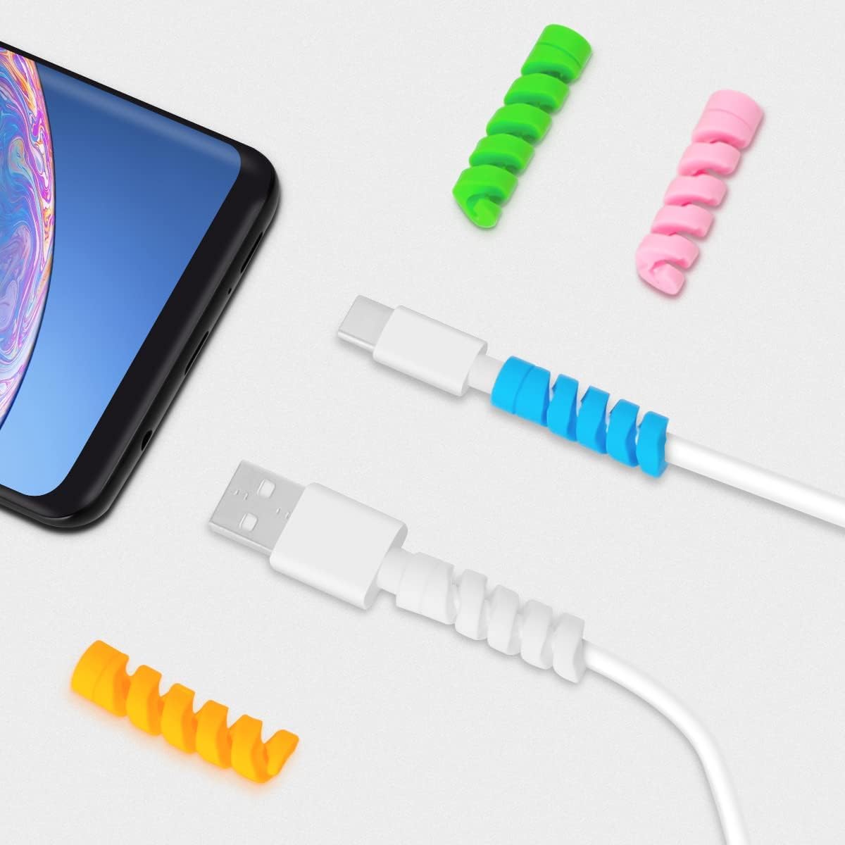 Happy Trend 4 Adet Spiral Esnek Silikon Kablo Koruyucu iPhone - Micro USB ve TYPE-C ve Diğer Tüm Kablolar İçin Uygun Kablo Koruyucu 4 Farklı Renk
