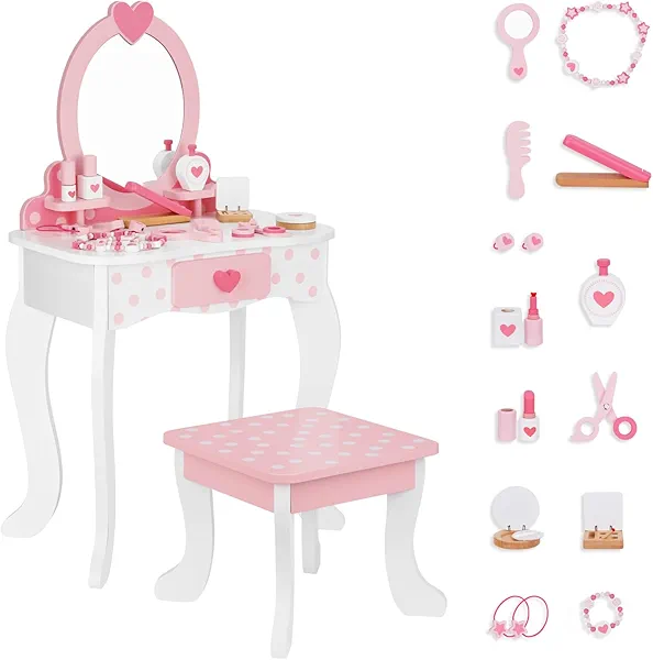 OOOK Kids Vanity Set,Table & Chair Vanity Set with Mirror（Includes 15 pcs Multiple Make up Accessories, Makeup Dressing Table with Storage Drawer, Pink