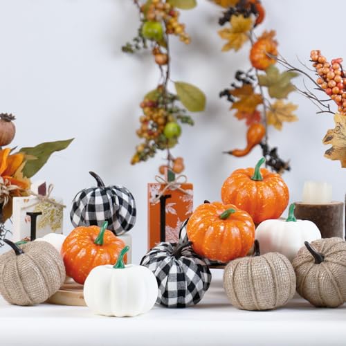 Image of Super Holiday 12PCS Artificial Pumpkins, 4 Colors Foam Faux Pumpkins Decoration for Fall Harvest Theme Party Wedding Halloween Thanksgiving Table Decor.