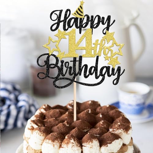 Image of Confetti! Glittering 14th Birthday Cake Topper with Star Hat - Cheers to 14 Years! Fabulous Cake Decorations for Kids' 14th Birthday & Anniversary Party Supply
