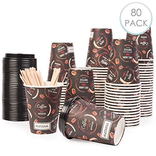 80 Premium Vasos de Café Desechables para Llevar, 360ml| Vasos Carton con Tapas y Agitadores de Madera| Robusto, Resistente y Ecológico Bebidas Frias y Calientes Coffee Té Capuchinos.