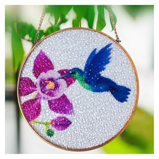 Beija-flor Suncatcher janela de vitral pendurado com beija-flor e fúcsia jardim suncatcher presentes de beija-flor para mulheres/homens decoração de casa beija-flor (beija-flor, 15 cm - 1 peça)
