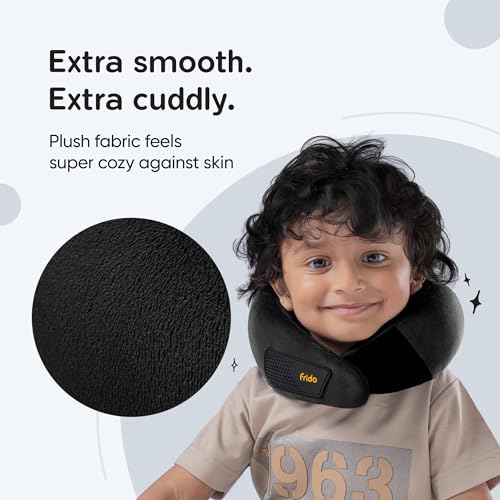 Image of Frido Kids Memory Foam Travel Neck Pillow with Travel Pouch | 360 Chin & Neck Support for Comfortable Sleep | Adjustable Velcro Straps | Ideal for Car, Flight & Road Trips | Core Black