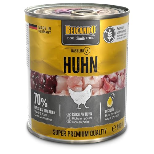 BELCANDO Baseline Nassfutter für Hunde, Huhn, 6X 800g Dose, 70% Fleisch für ausgewachsene Hunde, Hundefutter nass ohne Getreide, Made in Germany