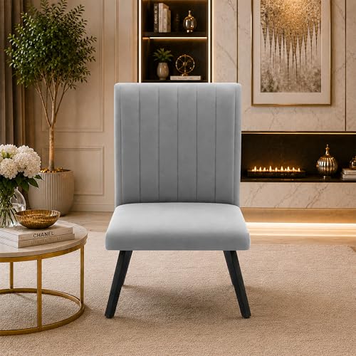 Image of Modern Velvet Accent Chair for Living Room | Upholstered Single Seater Chair with Metal Legs | Comfortable Seating for Bedroom, Office & Guest Room - Grey