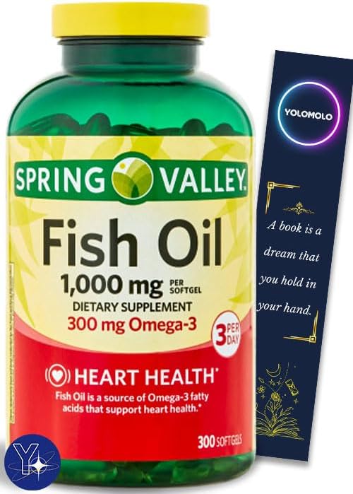 Aceite de pescado Omega-3 Suplemento dietético para la salud del corazón, cápsulas blandas Spring Valley, 1000 mg, 300 unidades y marcador de regalo
