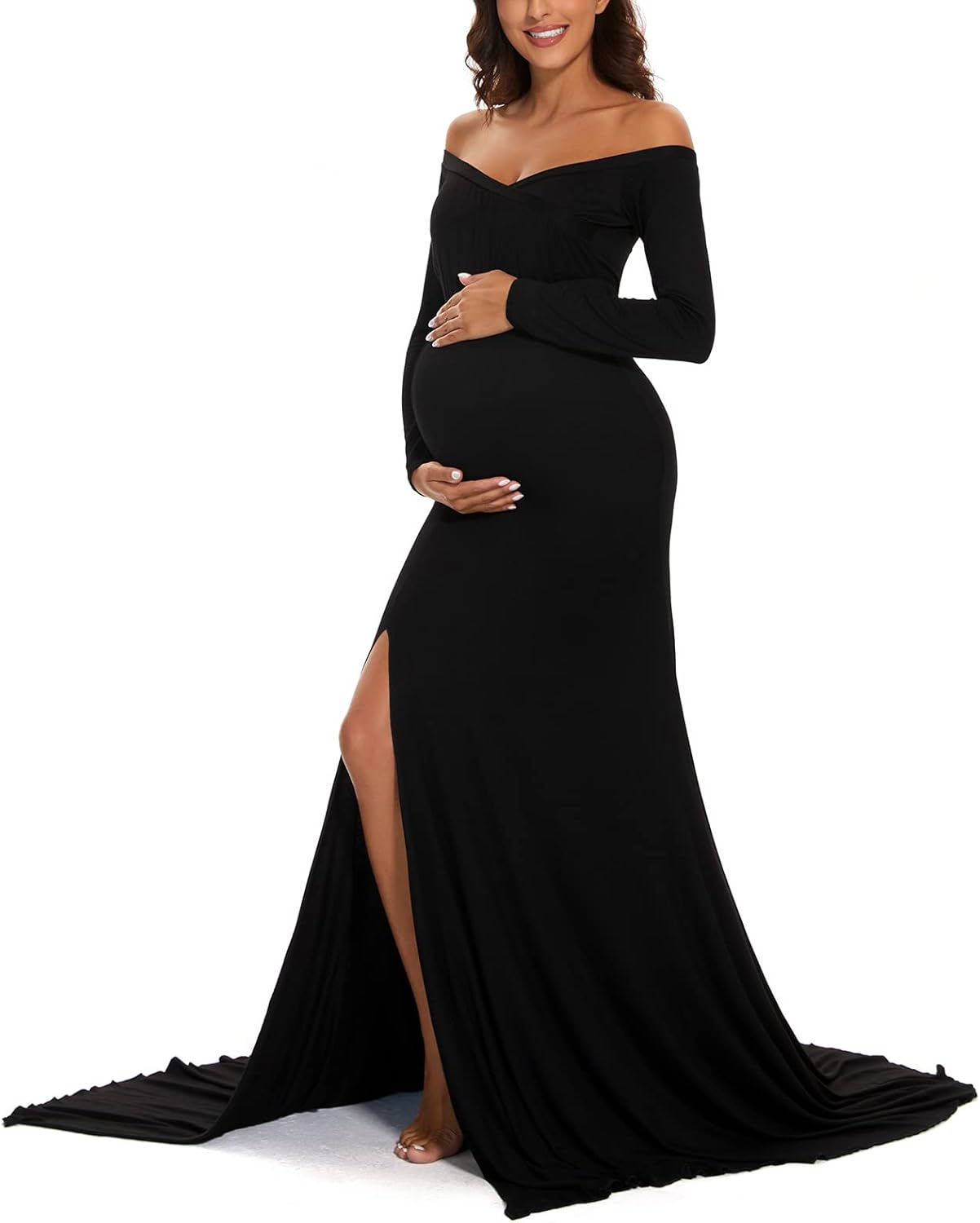 Maternity Photography Props Off Shoulder Long Dress Pregnancy Gown for Baby Shower Photo Shoot - Image 2