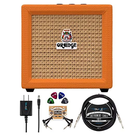 Orange Amps Crush Mini 3W Guitar Combo Amplifier Bundle with Blucoil Slim 9V Power Supply AC Adapter, 10' Straight Instrument Cable (1/4"), 2-Pack of Pedal Patch Cables, and 4x Guitar Picks