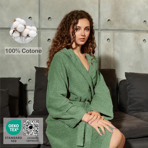 nice homeit Bademantel für Damen und Herren aus Frottee, 100 % Baumwolle, super saugfähig, mit Kapuze, weich, leicht, Anti-Pilling, hergestellt in Italien, grün, M