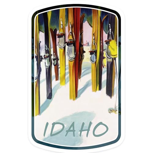 Lantern Press Sticker Idaho, Colorful Skis, Die Cut Vinyl, (Waterproof Decal for Cars, Water Bottles, Laptops, Coolers), Small