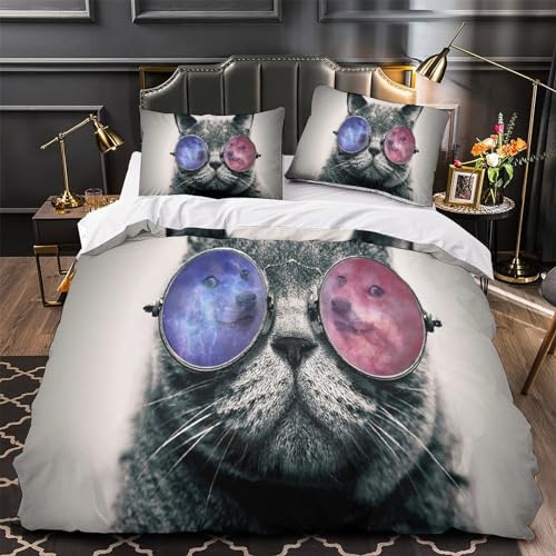 Funda nórdica de gato con gafas de sol King de microfibra suave 220x240 cm 4