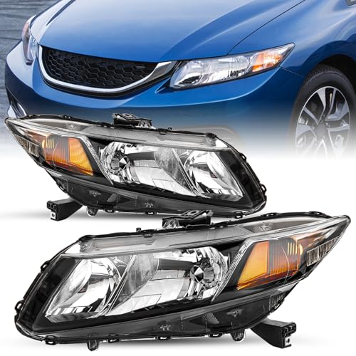 SOCKIR Headlight Assembly Compatible with 2012-2015 Honda Civic 4-Door Sedan / 2012-2013 Honda Civic 2-Door Coupe Replacement Driver and Passenger Side (Black Housing with Amber Reflector)