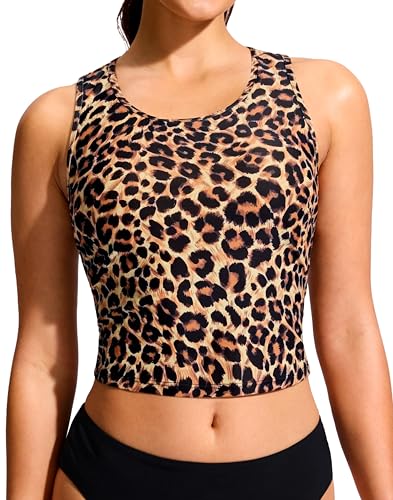 Soothfeel Tankini Tops for Women Racerback High Neck Swim Top Only Removable Padded Modest Bathing Suit Top No Bottom Brown Leopard XL