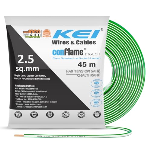 Image of KEI CONFLAME FRLSH 2.5 sqmm 1 Core Copper Heat Resistant Flame Retardant Low Smoke & Halogen - Lead Free House Wire for Domestic & Industrial Electrical Wiring (Green, 45 Meters)