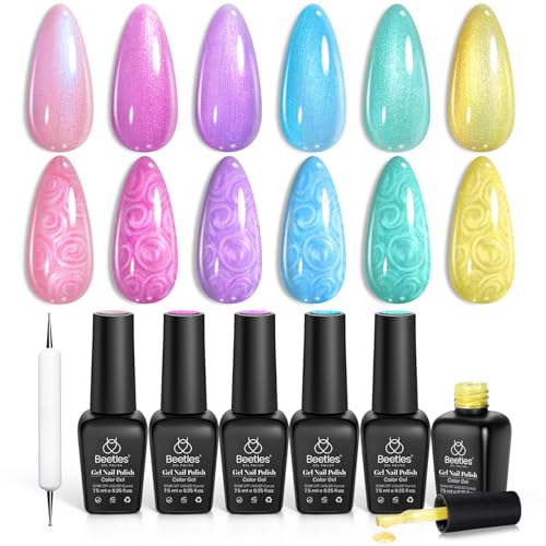 Image of Beetles Pearl Gel Nail Polish Set, 6 Colors Rainbow Shimmer Gel Nail Polish | Pink Yellow Green Purple Blue Iridescent Gel Creates Mermaid-Style Swirl, Shell Thread Nail Art