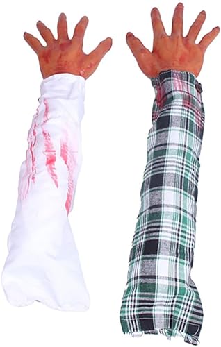 PRETYZOOM 2 piezas de brazo falso de Halloween, manos ensangrentadas rotas, partes del cuerpo de mano dividida, accesorios de miedo, broma para casa