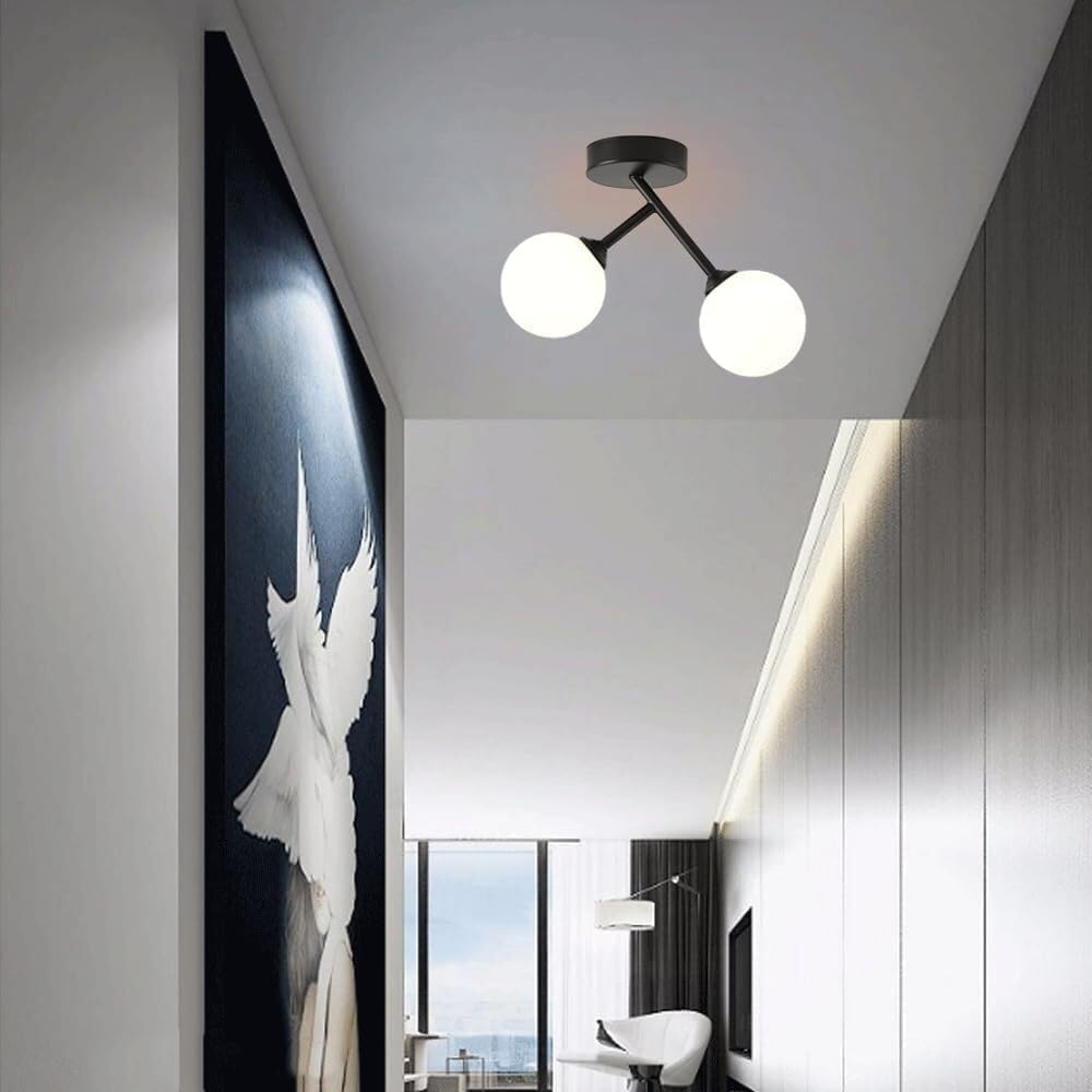 Semi Flush Mount Ceiling Light Fixture Double Head Glass Ceiling Lamp Iron Art Pendant Lights 10CM Dome Aisle Porch Stairway Closet Kitchen Laundry Room Lamp (Black)