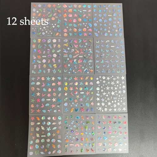 Osttma OSTTMA384 12Sheets Summer Nail Art Stickers Shell Starfish Nail Stickers Cute Jellyfish Mermaid Nail Art Design 3D Self Adhesive Marine Life Nail Decals Summer Sea Theme Nail Supplies thumb #4