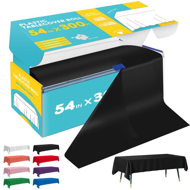 Image of Niuara Black Plastic Table Cover Roll - 54IN x 300FT, Table Cloth for Rectangle Table with Slide Cutter, Plastic Table Cloth Disposable with Cut-to-Size Design for Weddings, Banquets, Parties