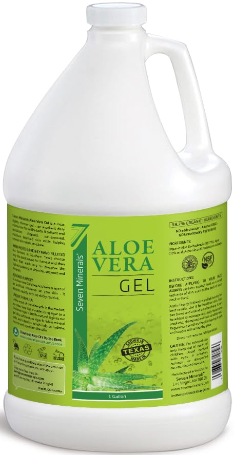 Seven Minerals Aloe Vera Gel with Freshly Cut Pure Organic Aloe - 1 Gallon - HighestQuality, Texas grown, Vegan, Unscented - For Face, Skin, Hair - Bulk DIY (128 Fl Oz) 128 Fl Oz (Pack of 1)