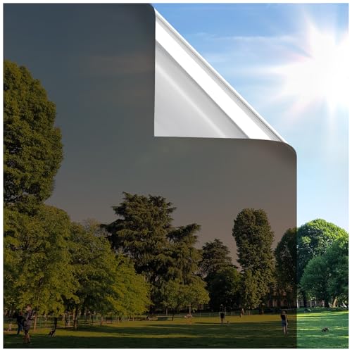Image of rabbitgoo Window Privacy Film One Way Window Tint for Home, Removable Reflective Heat Sun Blocking Anti UV Glass Door Covering, Mirror Tinting Film House Office, 35.4 in X 6.5 Feet, Brown Silver