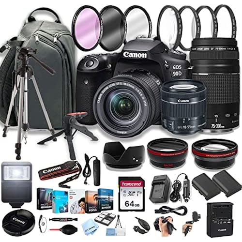 Canon EOS 90D DSLR Camera w/EF-S 18-55mm F/4-5.6 STM Zoom Lens + 75-300mm F/4-5.6 III Lens+ 64GB Memory Cards, Professional Photo Bundle (42pc Bundle) (Renewed)