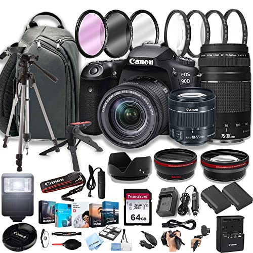 Canon Eos 90D Dslr Camera W/Ef-S 18-55Mm F/4-5.6 Stm Zoom Lens + 75-300Mm F/4-5.6 Iii Lens+ 64Gb Memory Cards, Professional Photo Bundle (42Pc Bundle) (Renewed) #TOP26