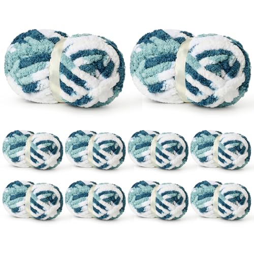 Image of 10 Pack Jumbo Chunky Yarn for Hand Knitting, Fluffy Variegated Chunky Chenille Yarn for Crocheting, 240yds /70.5oz Super Bulky Soft Crochet Baby Blanket Yarn(Fresh Blue)