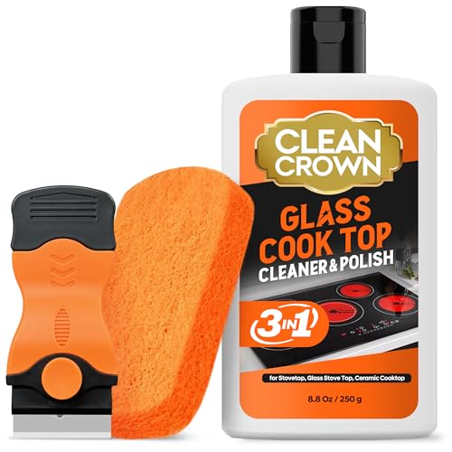 Image of CleanCrown 3-in-1 Cooktop Cleaner Kit (8.8 Oz Cooktop Cleaner + Scrubbing Pad + Scraper), Stovetop Cleaner for Electric Top Stoves, Ceramic Cooktops & Fireplace Glass, Remove Burned on Food, Grease