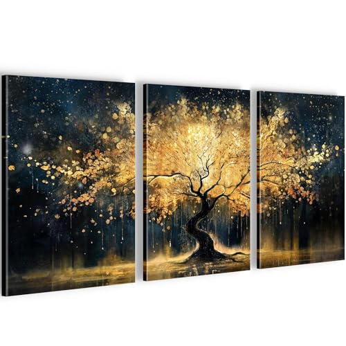 Runa Art Skog 3 Delar Väggdekoration Vardagsrum Sovrum Kontor 20 x 30 cm - 3 bilder Guldgul Guldträd 056930a