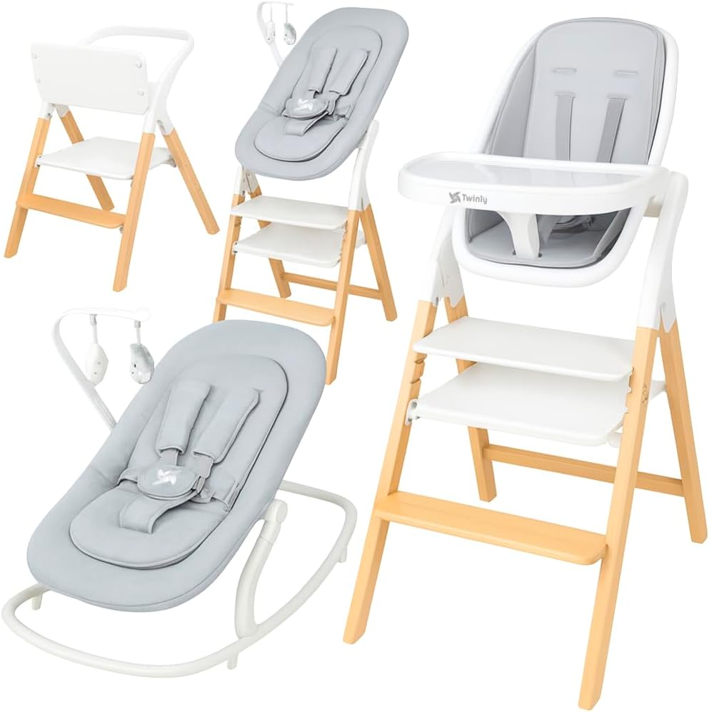 Twinly - Trona Evolutiva Bebé Set con hamaca 5 en 1 Multifunción Alaia: Hamaquita, Torre de Aprendizaje, Silla - desde Nacimiento 0m+ -Plegable y Ergonómica Madera Haya - Arnés con protector