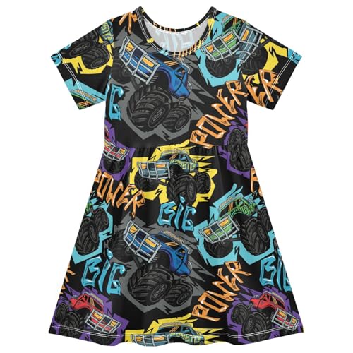 Girls Summer Dress Short Sleeve A Line Abstract Monster Truck Car Pattern Casual Dresses for Kids 2-8 Years