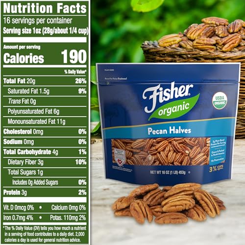 Image of Fisher Organic Pecans Halves, 16 oz Resealable Bag, Raw Pecans