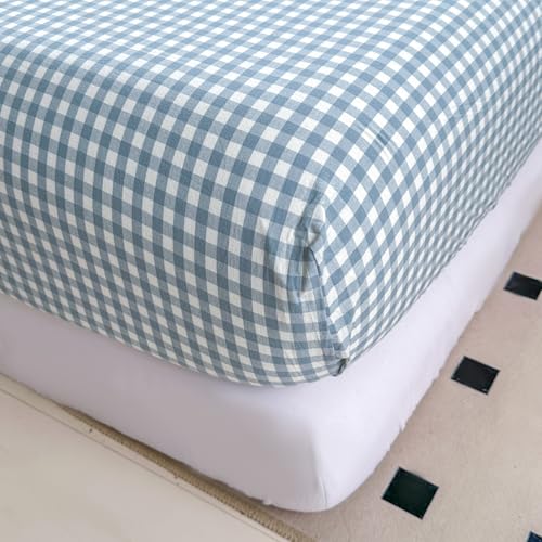 Image of Mucalis Light Blue Gingham Fitted Sheet Queen Only Deep Pocket 16 Inch 100% Washed Cotton White Plaid Checkered Bottom Sheet,Soft,Breathable,Easy Care