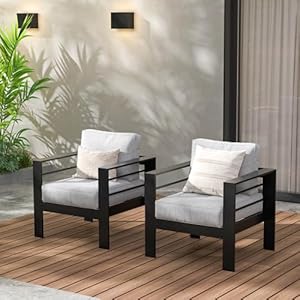 Wisteria Lane 2 Pieces Patio Furniture Aluminum Armchair All Weather Outdoor Single Sofa Black Metal Chair with Light Grey Cushions