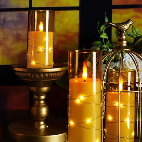 Image of kakoya Flameless LED Candles with Timer 5 Pc Flickering Flameless Candles for Romantic Ambiance and Home Decoration Stable Acrylic Shell,with Embedded Star String,Battery Operated Candles(Gold)