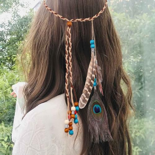 Campsis Indian Peacock Feather Headbands Boho Princess Head Chain Bule Adjust Headdress Handmade Rope Hair Accessories for Women and Girls (G)