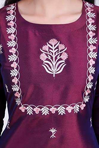 Image of Women Purple Layered Thread Work Kurti with Trousers with Dupatta-5049-P