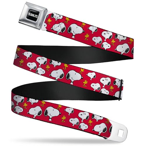 Peanuts Worldwide LLC Belt, Seatbelt Buckle Belt, Peanuts Snoopy and Woodstock Poses Scattered Red, Youth 20 to 36 Inches