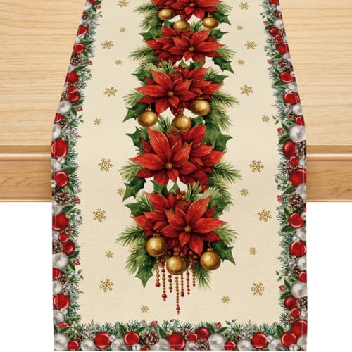 Christmas Table Runner, Poinsettias Leaves Bells Snowflakes Christmas Runner for Table Seasonal Winter New Year Holiday Home Party Decor Festival Decorations 13x120 Inch by Siilues - Used condition - US$9.79