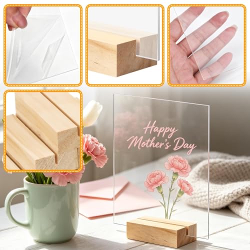 Image of Bercoor 10 Pack 5x7 Inch Blank Clear Acrylic Sign with Wooden Stands, Rectangle Top Acrylic Sheet, DIY Acrylic Rectangle Table Numbers for DIY Name Card Gifts Event Party Sign Decoration