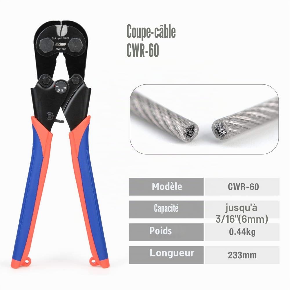 iCrimp CWR-60 Coupe-câble pour Câble en Acier Inoxydable, Câble D'aviation, Câble en Cuivre, Fil de Piano Jusqu'à un Diamètre de 6 mm