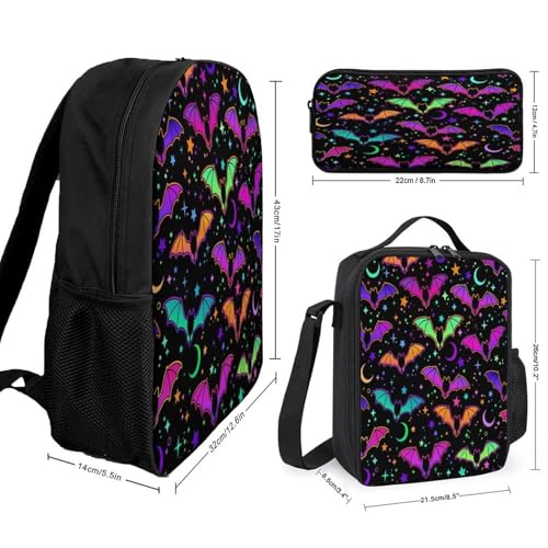 Colorful Bats Stars Moon Backpack Set 3 Pieces Backpacks Lunch Bag Wallet For Travel Outdoor Sports2