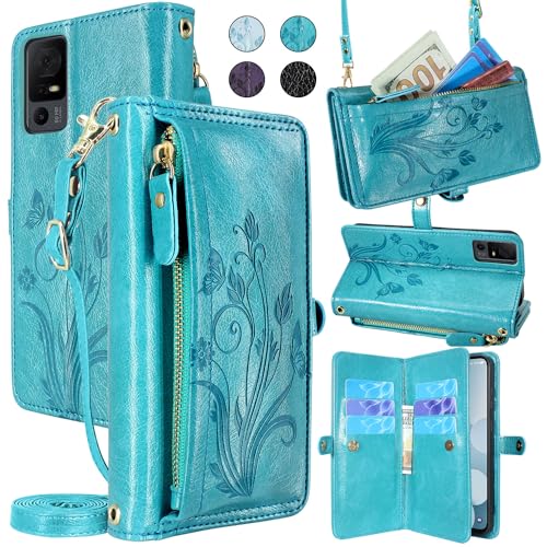 Lacass for Jitterbug Smart4 Smart 4 for Seniors (aka Lively Smart) Case Wallet,[Cards Theft Scan Protection] Card Holder Zipper Leather Flip Cover Crossbody Wrist Strap Phone case(Floral Dark Purple)
