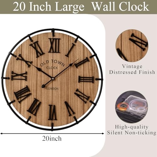 Image of EMAX HOME Inch Modern Farmhouse Wall Clock, Warm Wood-Tone Dial with Black Metal Outer Ring, Silent Non-Ticking Quartz Mechanism, Raised Roman Numerals for Bedroom, Nursery, or Living Room Wall Art