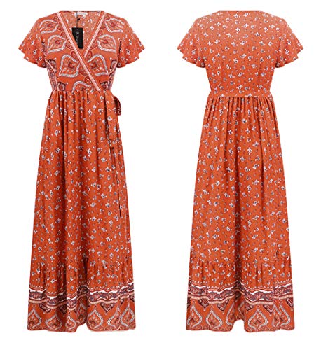 Image of R.Vivimos Women's Summer Short Sleeve Floral Print Bohemian Beach Waist Tie Wrap Long Flowy Dress with Slit